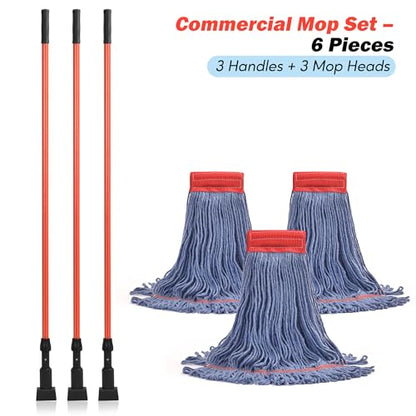 Mop with Strings Industrial Commercial Grade, 60 inch Heavy Duty One-Piece Fiberglass Handle, No Loosening, Built to Last, Reinforced Head Connection, Professional Cotton Mop for Janitorial, Garage