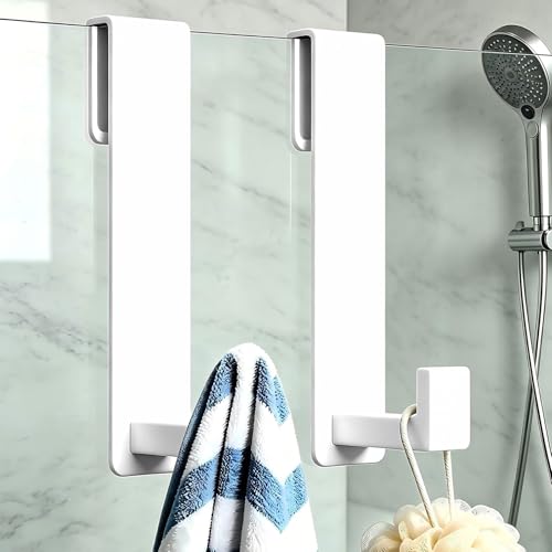 Extended Shower Door Hooks (7.5 Inch), Over Door Hooks for Bathroom, Heavy Duty Stainless Steel Towel Hooks for Frameless Glass Shower Doors, Shower Hooks for Robe (White, 2-Pack) - color: White, size: "7" Shape- 2 Pack