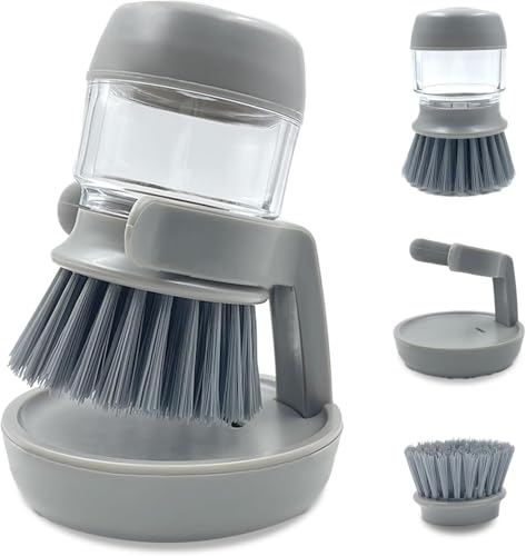 Soap Dispenser Palm Dish Brush with Storage Bracket – Drainage Base, Easy-to-Clean Kitchen Utensil Cleaner | Includes Extra Soft Bristle Brush Head (Gray) - color: Gray