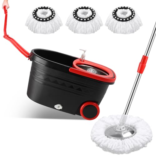 Mop and Bucket with Wringer Set, 360° Rotating Mop Bucket System with 3 Microfiber Mop, Stainless Steel Floor Cleaning System with Dual Mode, Black&red