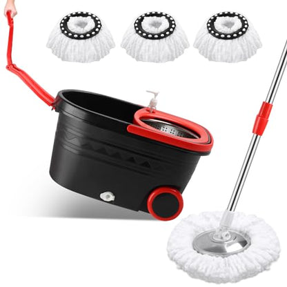 Mop and Bucket with Wringer Set, 360° Rotating Mop Bucket System with 3 Microfiber Mop, Stainless Steel Floor Cleaning System with Dual Mode, Black&red