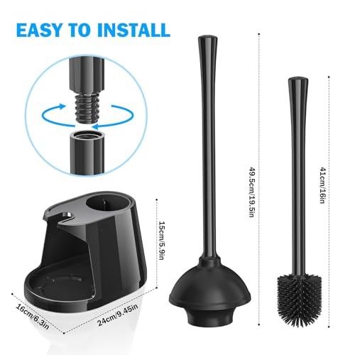 Toilet Plunger and Brush Set, Bowl Brush and Heavy Duty Toilet Plunger with Ventilated Holder, 2-in-1 Toilet Brush and Plunger Combo for Bathroom Deeply Cleaning（Black - color: Black01