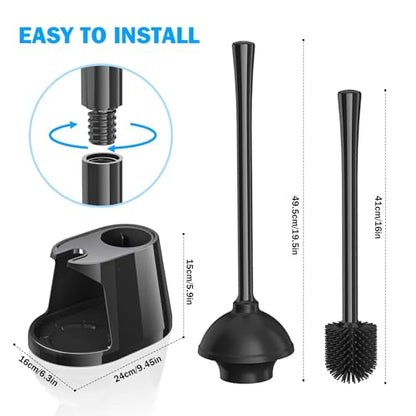 Toilet Plunger and Brush Set, Bowl Brush and Heavy Duty Toilet Plunger with Ventilated Holder, 2-in-1 Toilet Brush and Plunger Combo for Bathroom Deeply Cleaning（Black - color: Black01