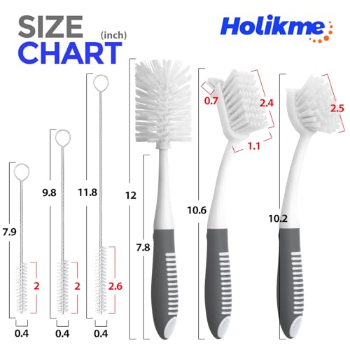 Holikme 6 Pack Dish Brush Set with Bottle Brush, Dish Scrub Brush, Pan Brush and 3 Straw Brushes, Deep Cleaning Handle Brush with Scraper Tip for Kitchen Sink Dishes Bottle Cup Pot and Pans (Gray) - color: Gray