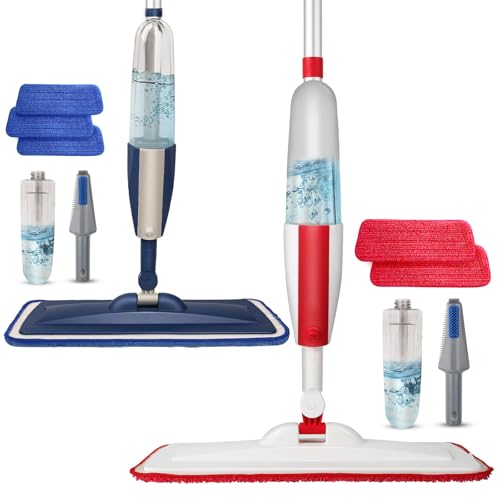 Spray Mop for Floor Cleaning, 2 Pack with Refillable Bottles & Pads | 14 oz refillable bottles, 6 pads included,wet/dry use on hardwood/tile/laminate floors, home or commercial cleaning - color: Red Blue