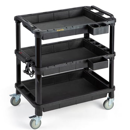 ELAFROS Multi-Use Rolling Cart with Power Strip – Industrial-Grade Plastic Utility Cart with 3 Deep Plastic Shelves, 500 lbs Capacity, 32.4"x18.3", Work cart, Black - style: With Power Strip