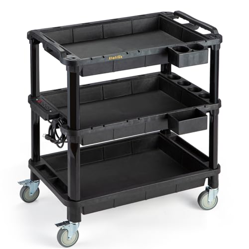 ELAFROS Multi-Use Rolling Cart with Power Strip – Industrial-Grade Plastic Utility Cart with 3 Deep Plastic Shelves, 500 lbs Capacity, 32.4"x18.3", Work cart, Black - style: With Power Strip