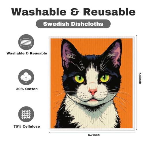 5 Pcs Cat Portrait Swedish Dishcloths, Kitten Themed Swedish Dishcloth, Spring Summer Dish Cloths for Drying Dishes, Reusable Cleaning Cloths, Housewarming Gifts for Women - color: Lm 04247