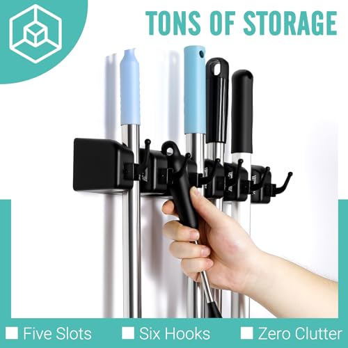 InPoTo Broom and Mop Holder, Wall Mounted Organizer Mop and Broom Storage Tool Rack with 5 Ball Slots and 6 Hooks (1Pack) - size: 1Pack