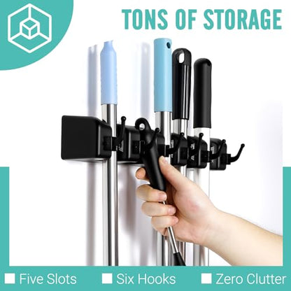 InPoTo Broom and Mop Holder, Wall Mounted Organizer Storage Tool Rack with 5 Ball Slots and 6 Hooks (2 Pack) - size: 2Pack