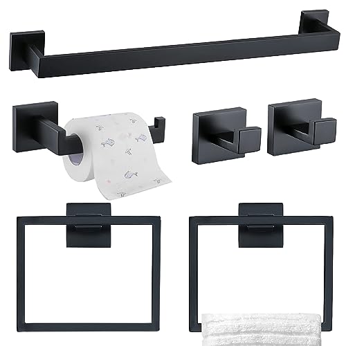 TQKAG 6-Piece Bathroom Towel Bar Sets Matte Black 23.6 inch Towel Bar Stainless Steel Towel Ring Coat Hook and Toilet Paper Holder Bathroom Hardware Set Wall Mounted Bathroom Accessories Kit - color: Matte Black, size: 6-Pieces Set-A