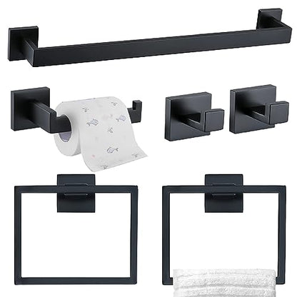 TQKAG 6-Piece Bathroom Towel Bar Sets Matte Black 23.6 inch Towel Bar Stainless Steel Towel Ring Coat Hook and Toilet Paper Holder Bathroom Hardware Set Wall Mounted Bathroom Accessories Kit - color: Matte Black, size: 6-Pieces Set-A