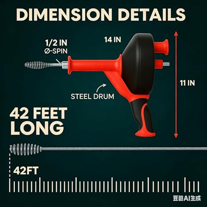 42 FT Drain Snake Hair Drain Clog Remover, Manual Or Powered, Plumbing Snake With Drill Adapte,Unclog Sink Drain Tool, Drain Auger for Toilet、Shower、Kitchen、Sink, No Auto Retract Or Feed, Red - color: Red
