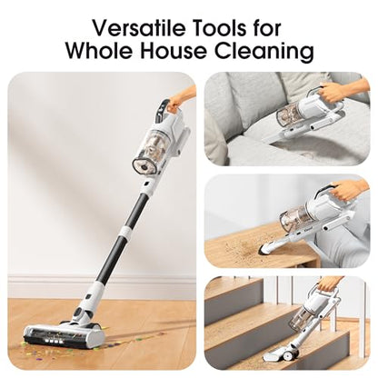 Klarpul Cordless Vacuum Cleaner, 2 Batteries 140 Mins Runtime 600W 50Kpa Stick Vacuum Cordless, Self-Standing Vacuum Cleaners for Home with 2.5H Fast Charging, for Floor/Carpet/Pet Hair, White