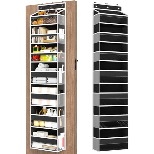 Mefirt Over The Door Organizer, 7 Tier Door Hanging Organizers with 7 Large Pockets 12 Side Pockets, Behind Door Storage Hanging Shelves for Closet Bathroom Bedroom Nursery - color: Black, size: 7-Tier