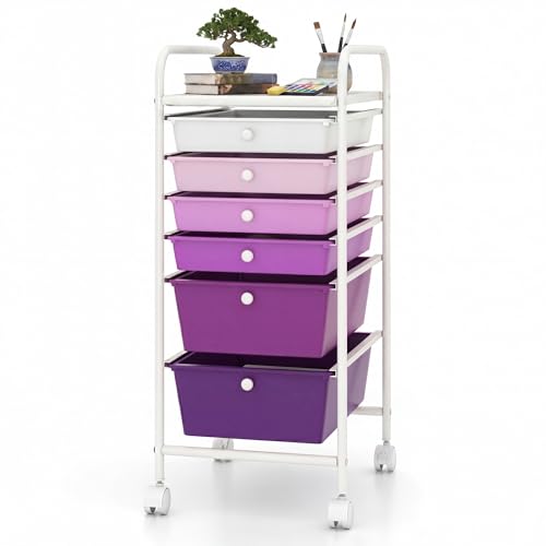 COSTWAY 6-Drawer Rolling Storage Cart, Multifunctional Art Supply Craft Tools Organizer on Wheels, Utility Mobile Storage Trolley w/ 2 Lockable Wheels for Home Office School (Purple Gradient,6 Drawer) - color: Purple Gradient, size: 6 Drawer