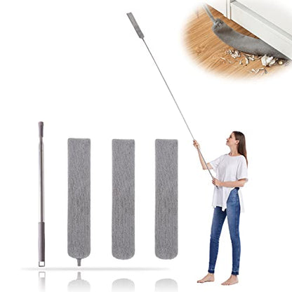 Retractable Gap Dust Cleaner with 3 Reusable Microfiber Dusting Cloths, Under Appliance/Refrigerator/Furniture Cleaning Tool with 100” Extension Pole, Washable Flat Gap Cleaning Duster by OOSOFITT