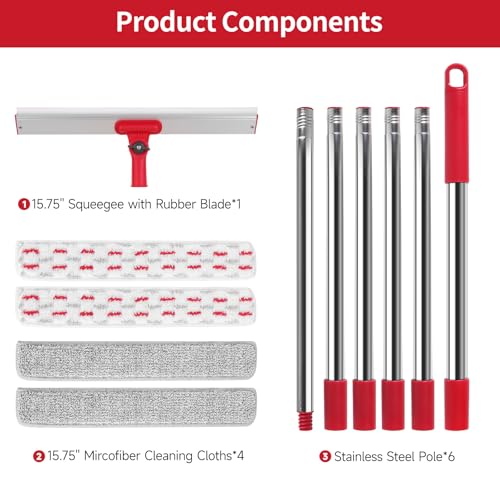 2-in-1 Professional Window Squeegee, 86.6'' Window Cleaner Tool with 6-Section Extension Pole, Window Cleaning Kit with 4 Microfiber Cloth, Window Washing Equipment for in/Outdoor Windows - style: Window Cleaning Kit