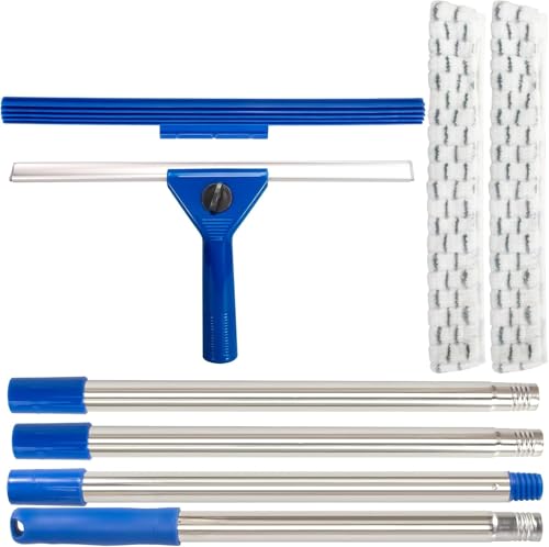 59" Long Reach Window Squeegee with 14" Double-Layer Rubber Blade & 2 Replacement Cloths - Stainless Steel Handle for High Windows, Car Glass & Mirrors