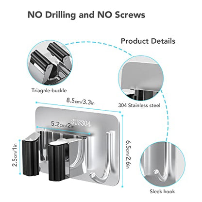 homeasy Mop Broom Holder No Drill, Mop Broom Organizer Wall Mounted Heavy Duty with Hooks Hanger, Self Adhesive Stainless Steel 4Pcs for Bathroom, Kitchen, Office (Multicolor) - color: Silver Mix