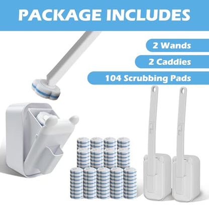 Disposable Toilet Brush Cleaning System, 2pcs Wands with 104pcs Replacement Heads,Stick for Toilet Cleaning,Wands with Refills Pads,Wall Mounted Toliet Wand for Bathroom,Toilet Brush and Holder - color: Low Base