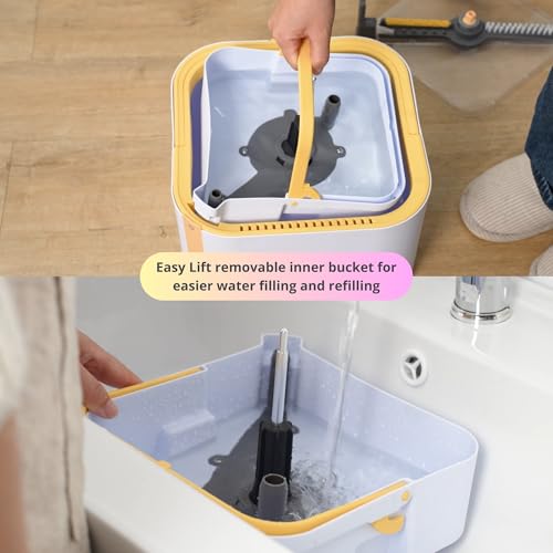 Spin Mop and Bucket System PRO w/Detachable Inner Bucket, Separates Clean and Dirty Water, Self Standing, Foldable Square Mop Head, Triple Jet Stream w/Hidden Brush, Replaceable 2pc Pads - size: Mop & Bucket, 2 Mop Pads