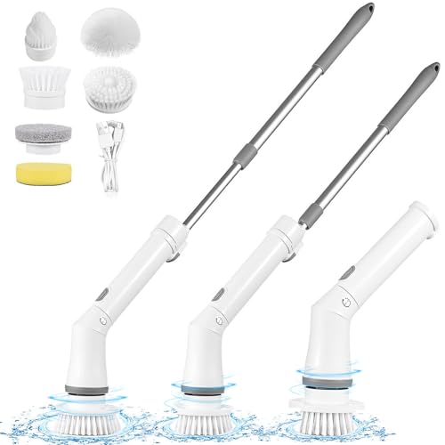 TeqHome Electric Spin Scrubber, Cordless Power Shower Cleaning Brush with 6 Replaceable Brush Heads, 2 Adjustable Speeds,Adjustable & Detachable Extension Long Handle for Bathroom Floor Tile Tub Basin
