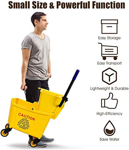 ReunionG Commercial Mop Bucket, Household Bucket with Wringer, Side Press Mop Bucket with Wheel and Handle, Side Press Wringer Trolley with Ergonomic Rocker for Easy Water Drain, Yellow (26 Quart)