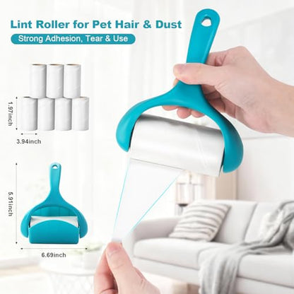 Super Sticky Pet Hair Remover Roll 350 Sheets Set with Upgraded Handle, 7 Rolls, Portable Hair Remover for Clothes, Furniture, Carpets, Dog and Cat Hair