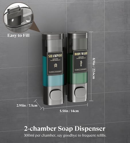Luxspire Shampoo and Conditioner Dispenser, No Drill Wall Mounted Shower Soap Dispenser 2 Chamber with Waterproof Labels, Easy Refill Soap Dispenser for Bathroom Hotel Kitchen, Gray - color: Gray, size: 2 Chamber