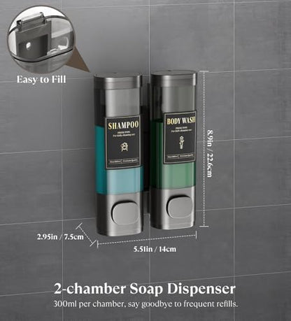 Luxspire Shampoo and Conditioner Dispenser, No Drill Wall Mounted Shower Soap Dispenser 2 Chamber with Waterproof Labels, Easy Refill Soap Dispenser for Bathroom Hotel Kitchen, Gray - color: Gray, size: 2 Chamber