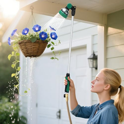 Watering Wand for Garden Hose, 30 Inch, 10 Spray Patterns, Thumb Control Garden Hose Nozzle, Adjustable Water Sprayer with Pivoting Head, Ideal for Hanging Baskets, Plants, and Shrubs, Green - color: Green