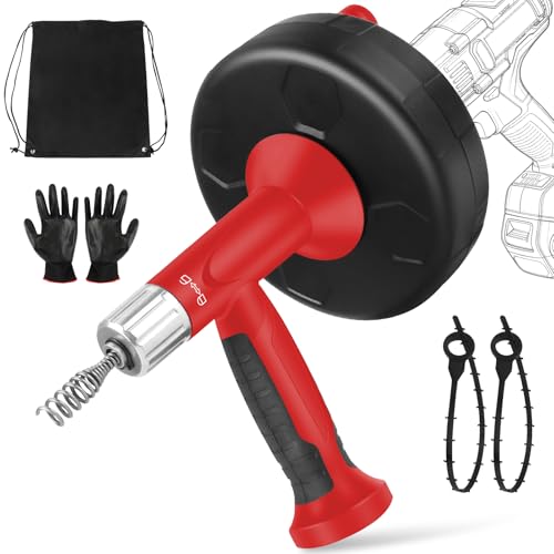 XJX Drain Auger, Plumbing Snake with Drill Adapter, 25FT Flexible Steel Drain Clog Remover, Manual or Powered for Kitchen, Bathroom & Shower Sink, with Gloves and Storage Bag Red - color: Red