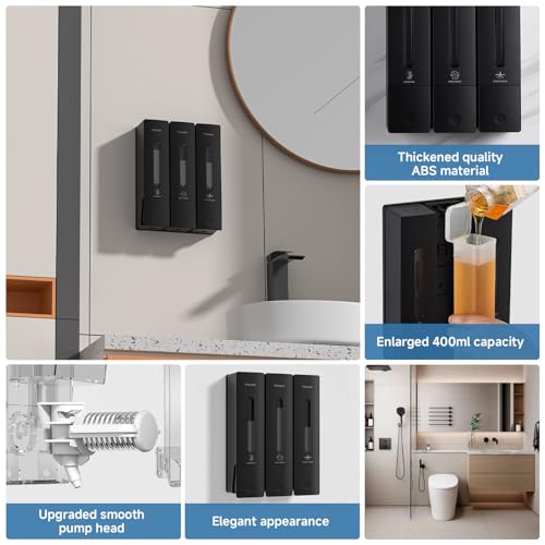 1984 Shower Soap Dispenser Bathroom Set Shampoo Conditioner Body Wash Dispenser Wall Mounted Shower Shampoo Dispenser 3 Chamber No Drill for Home Star Hotel 3 x 400ml Black - color: Black 3 Chamber