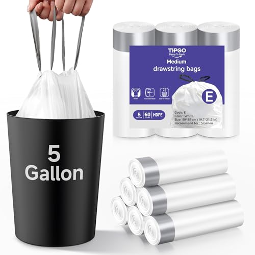 TIPGO 5 Gallon Trash Bags Drawstring, Pre-Cut Strong Wastebasket Bin Liners, White Garbage Bags for Home, Office, Bathroom (Code E, 60 Count) - color: 5gal-60