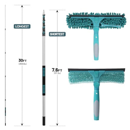 TelesPro 36 Feet High Reach Window Squeegee with 7-30 Ft Extension Pole, Window Cleaner Tool with 5-Stage Telescoping Pole, Window Cleaning Kit with Rotatable Head (2 Squeegee & 2 Microfibre Cloths) - size: 30 FT