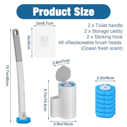 2 Pack Disposable Toilet Brush with 48 Refills, Toilet Bowl Cleaner Toilet Brush and Holder Set for Bowl Cleaners Bathroom Cleaning Bathtub