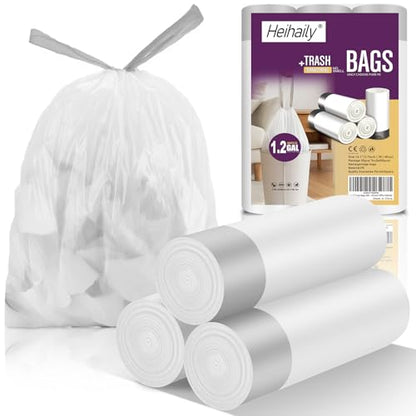 Small Trash Bags with Drawstrings - 60 Counts 1.2 Gallon Garbage Bags Unscented Clear White Bulk Strong Thick Mini Plastic Wastebasket Liners for Toilet Home Bathroom Office Heihaily - style: 1.2Gal white 60 Counts