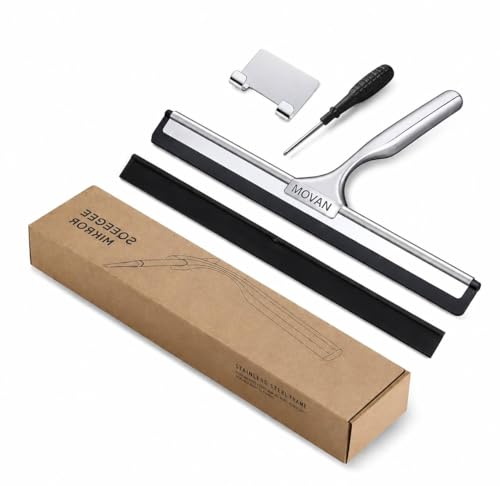 MOVAN Shower Squeegee for Glass Doors with Replacement Silicone Blade – 304 Stainless Steel Frame, 10 Inch, Streak-Free Bathroom Window Wiper with Adhesive Hook, Black