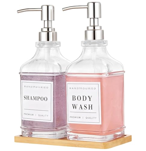 Dish and Hand Soap Dispenser for Kitchen,Glass Soap Dispenser with Pump,Tray,Funnel, Set of 2 Countertop Soap and Lotion Dispenser for Bathroom,Shower,500ml/16.9oz, - color: Ks-5070-28y-2s