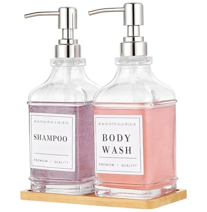 Dish and Hand Soap Dispenser for Kitchen,Glass Soap Dispenser with Pump,Tray,Funnel, Set of 2 Countertop Soap and Lotion Dispenser for Bathroom,Shower,500ml/16.9oz, - color: Ks-5070-28y-2s