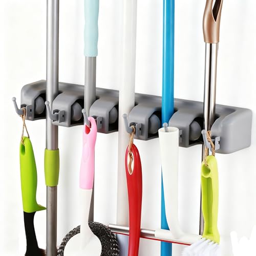 TOGU 2 Pack Mop and Broom Holder Wall Mounted 5 Position Storage Rack with 6 Retractable Hooks Holds up to 11 Tools Utility Weatherproof Holder for Garage Storage Systems Broom Organizer,Gray - color: Gray - 2 Pack, size: 5 slots