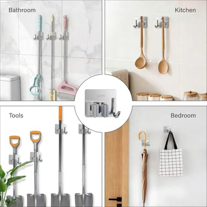 5 Pack Mop and Broom Holder Wall Mount, Silver Stainless Steel Mop and Broom Hanger with Hooks, Mop Broom Organizer for Closet Laundry Garage Garden Tool Organizer (Silver) - color: Silver