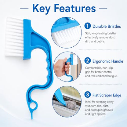 Window Track Cleaning Brush, Handheld Groove Cleaner Tool for Sliding Door and Window Sill, Ergonomic Handle Magic Dust Remover, Multipurpose Crevice Brush for Home Use, Blue