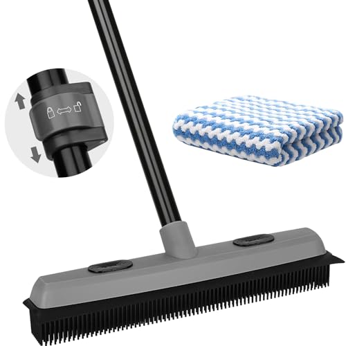 Pet Hair Removal Rubber Broom with Squeegee, Carpet Rake for Pet Hair with 59" Telescoping Long Handle, Fur Remover Rake for Carpet, Hardwood Floor, Tile - color: Gray Rubber Broom