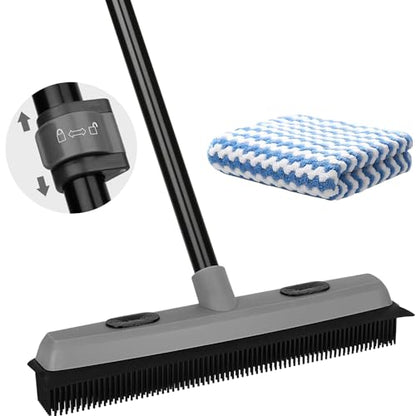 Pet Hair Removal Rubber Broom with Squeegee, Carpet Rake for Pet Hair with 59" Telescoping Long Handle, Fur Remover Rake for Carpet, Hardwood Floor, Tile - color: Gray Rubber Broom