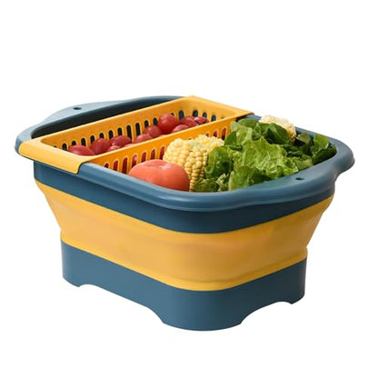Collapsible Dish Basin with Portable Sink, 11L(2.91 Gallon) Collapsible Bucket with Drain Plug, Foldable Sink Tub Dishpan Wash Basin for Vegetable Washing Camping RV Kitchen (Blue) - color: Blue