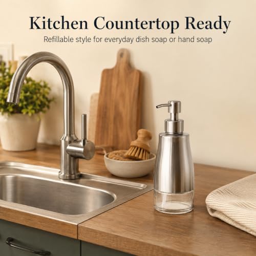 Non-Slip Soap Dispenser with Brushed Nickel Stainless Steel Case, Glass Liner, and Hand Pump for Kitchen/Bathroom. Refillable Liquid Soap Dispenser, 11oz/320ml Capacity. - color: Brushed Nickel, size: 300ml