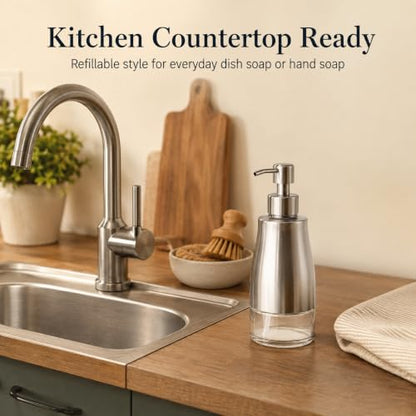 Non-Slip Soap Dispenser with Brushed Nickel Stainless Steel Case, Glass Liner, and Hand Pump for Kitchen/Bathroom. Refillable Liquid Soap Dispenser, 11oz/320ml Capacity. - color: Brushed Nickel, size: 300ml