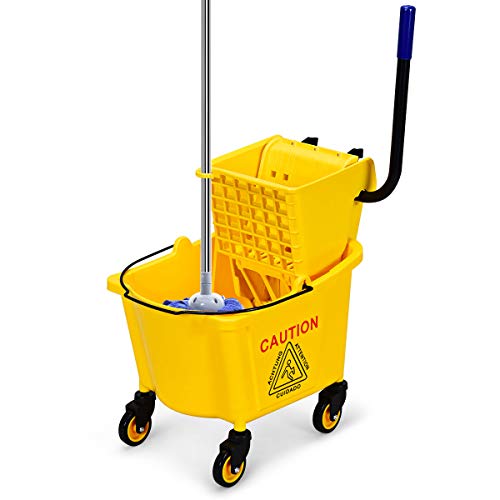 Goplus Commercial Mop Bucket with Wringer, Household Portable Mop Bucket, Ideal for Household and Public Places Floor, 26 Quart Capacity, Yellow (26 Quart) - size: 26 Quart